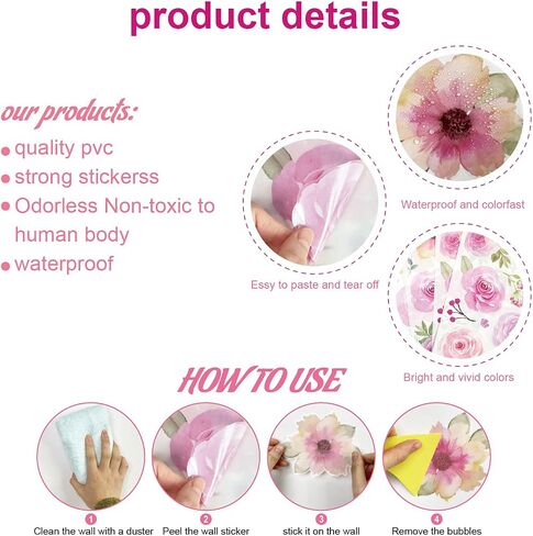 Pink Flower Wall Decals - Flower Peel and Stick Wall Stickers Vinyl Peony Floral Wall Stickers Pastel Flower Decor for Girls Bedroom Nursery Classroom Living Room (Colorful Flower) in Saudi Arabia