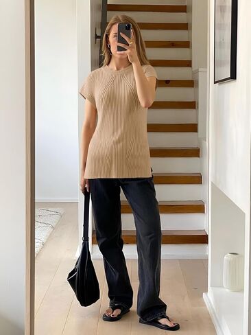 Imily Bela Womens Short Sleeve Sweater Disual Crew Neck Rribbed Rribbed Knit Split Pullover Summer Tups in Saudi Arabia