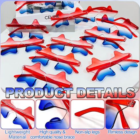 12 Pairs Star Sunglasses Rimless 4th of July Accessories Red White and Blue Transparent Eyewear USA Patriotic Party Supplies Fashion American Flag Favors Women Men Kid Independence Day Memorial Day in Saudi Arabia