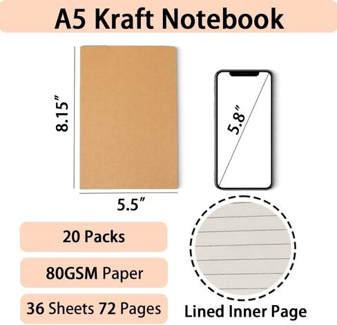 60 Pack A5 Lined Kraft Notebooks, 8.3x5.5in, Journaling Notebooks, 80GSM Thick paper 30 Sheets 60 Pages, Kraft Soft Cover Composition Notepad, Ruled Subject Notebooks, Travel Diary, Journals Memo, For Students, Office, School Supplies in Saudi Arabia