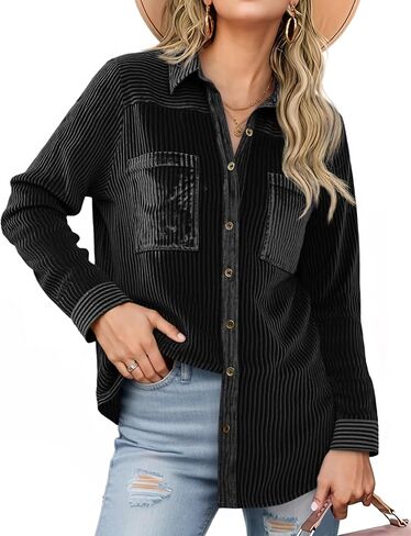 Cicy Bell Womens Velvet Button Down Shirt Casual Long Sleeve V Neck Collared Tops Fall Winter Shacket Jacket with Pockets in Saudi Arabia
