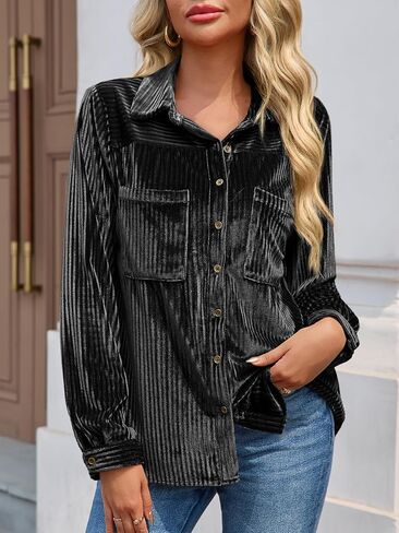 Cicy Bell Womens Velvet Button Down Shirt Casual Long Sleeve V Neck Collared Tops Fall Winter Shacket Jacket with Pockets in Saudi Arabia