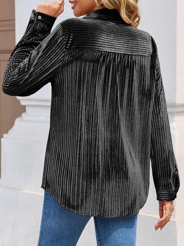 Cicy Bell Womens Velvet Button Down Shirt Casual Long Sleeve V Neck Collared Tops Fall Winter Shacket Jacket with Pockets in Saudi Arabia
