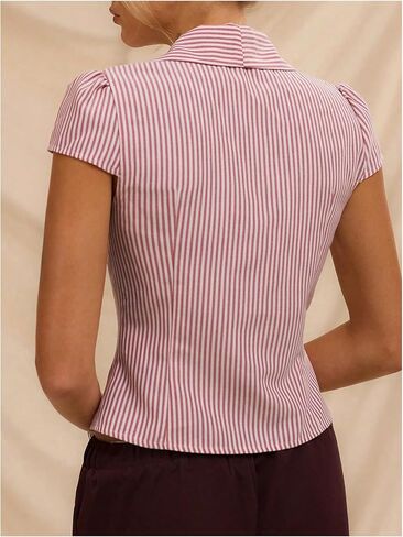 MakeMeChic Women's Striped Button Down Shirt Cap Sleeve Collared Fitted Blouse Tops in Saudi Arabia