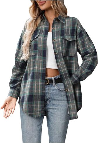Womens Long Sleeve Button Down Shirts Casual Loose Fit Classic Plaid Roll Up Tops Collared Blouses with Pockets in Kuwait