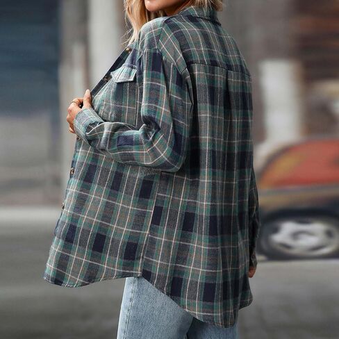 Womens Long Sleeve Button Down Shirts Casual Loose Fit Classic Plaid Roll Up Tops Collared Blouses with Pockets in Kuwait