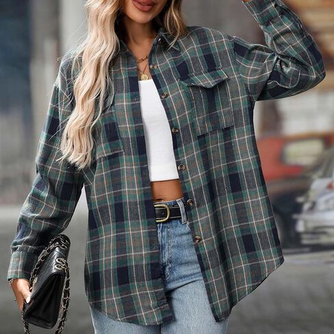 Womens Long Sleeve Button Down Shirts Casual Loose Fit Classic Plaid Roll Up Tops Collared Blouses with Pockets in Kuwait