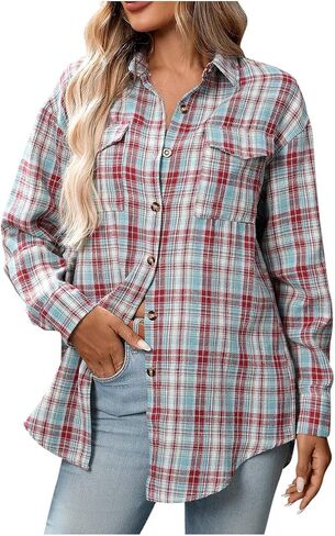 Womens Long Sleeve Button Down Shirts Casual Loose Fit Classic Plaid Roll Up Tops Collared Blouses with Pockets in Kuwait