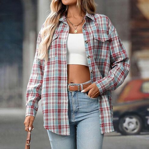 Womens Long Sleeve Button Down Shirts Casual Loose Fit Classic Plaid Roll Up Tops Collared Blouses with Pockets in Kuwait