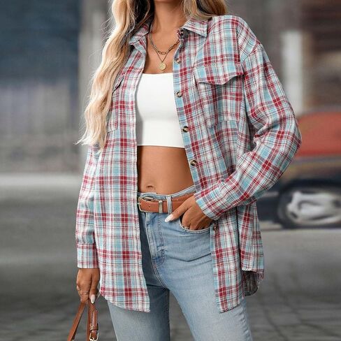 Womens Long Sleeve Button Down Shirts Casual Loose Fit Classic Plaid Roll Up Tops Collared Blouses with Pockets in Kuwait