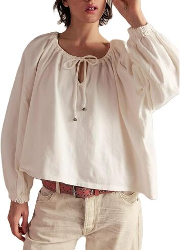 Women Long Puff Sleeve Front Tie Up Lace Trim Blouse Crop Tops Y2k Button Down Ruffle Hem Peplum Shirts Going Out in Kuwait