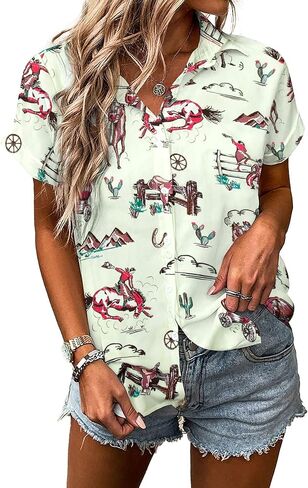 Western Button Up Shirts Women Retro Cowgirl Shirt Rodeo Tops Hawaiian Summer Vacation Short Sleeve Top Blouses in Saudi Arabia