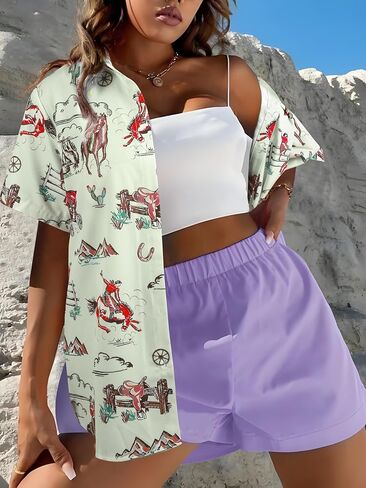 Western Button Up Shirts Women Retro Cowgirl Shirt Rodeo Tops Hawaiian Summer Vacation Short Sleeve Top Blouses in Saudi Arabia
