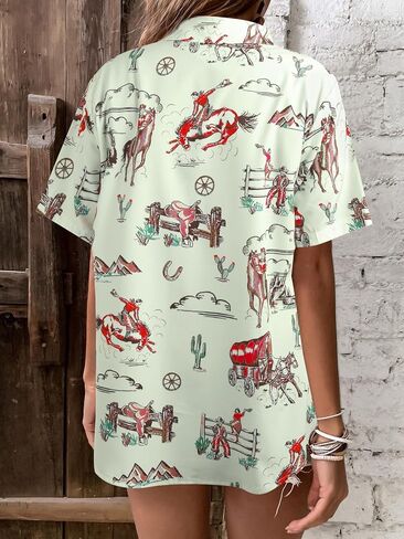 Western Button Up Shirts Women Retro Cowgirl Shirt Rodeo Tops Hawaiian Summer Vacation Short Sleeve Top Blouses in Saudi Arabia