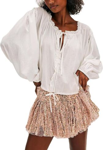 Women Long Puff Sleeve Front Tie Up Lace Trim Blouse Crop Tops Y2k Button Down Ruffle Hem Peplum Shirts Going Out in Kuwait