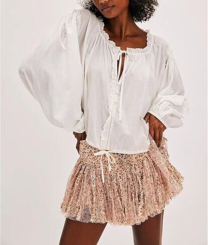 Women Long Puff Sleeve Front Tie Up Lace Trim Blouse Crop Tops Y2k Button Down Ruffle Hem Peplum Shirts Going Out in Kuwait