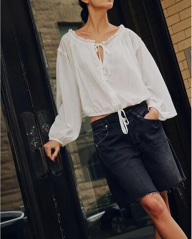 Women Long Puff Sleeve Front Tie Up Lace Trim Blouse Crop Tops Y2k Button Down Ruffle Hem Peplum Shirts Going Out in Kuwait