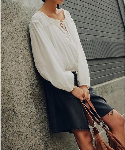 Women Long Puff Sleeve Front Tie Up Lace Trim Blouse Crop Tops Y2k Button Down Ruffle Hem Peplum Shirts Going Out in Kuwait