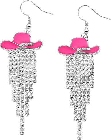 Western Cowgirl Enamel Hat Earrings – Sparkling Rhinestone Fringe Dangle Earrings for Rodeo, Country Concert, Cowboy Outfit Jewelry Gift in Kuwait
