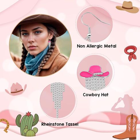 Western Cowgirl Enamel Hat Earrings – Sparkling Rhinestone Fringe Dangle Earrings for Rodeo, Country Concert, Cowboy Outfit Jewelry Gift in Kuwait
