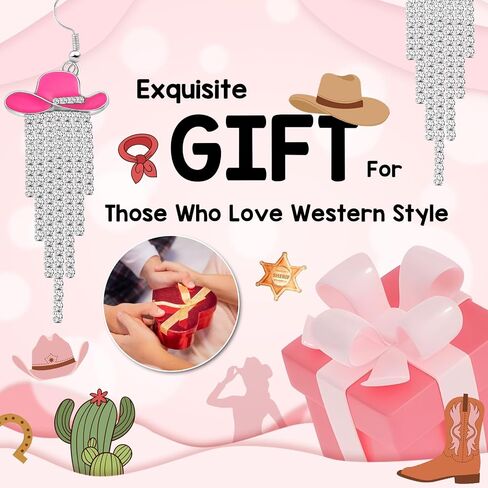Western Cowgirl Enamel Hat Earrings – Sparkling Rhinestone Fringe Dangle Earrings for Rodeo, Country Concert, Cowboy Outfit Jewelry Gift in Kuwait
