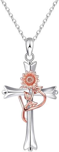 ميسوفور قلادة كروس فضية مئوية للنساء ، قلادة قلادة صليب مملوءة بالفضة مع زهرة الولادة الذهب الوردية | هدايا المجوهرات للزوجة المراهقة النساء in Kuwait