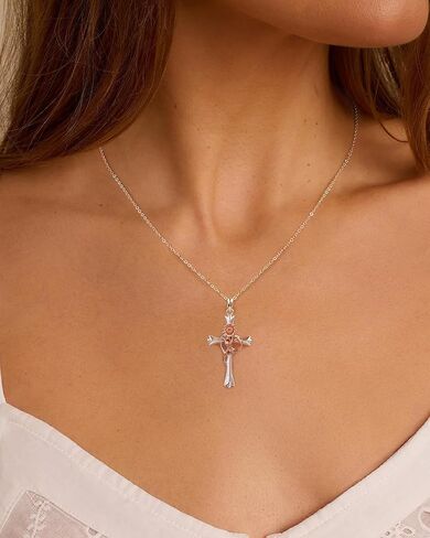 ميسوفور قلادة كروس فضية مئوية للنساء ، قلادة قلادة صليب مملوءة بالفضة مع زهرة الولادة الذهب الوردية | هدايا المجوهرات للزوجة المراهقة النساء in Kuwait