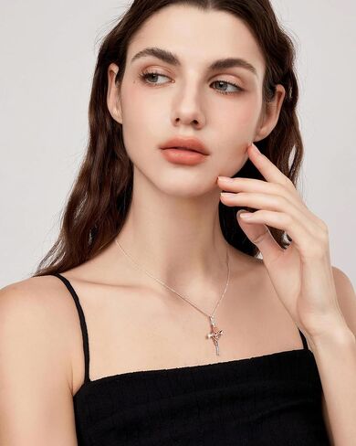 ميسوفور قلادة كروس فضية مئوية للنساء ، قلادة قلادة صليب مملوءة بالفضة مع زهرة الولادة الذهب الوردية | هدايا المجوهرات للزوجة المراهقة النساء in Kuwait