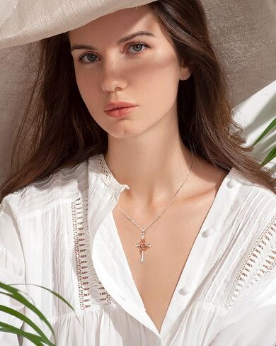 ميسوفور قلادة كروس فضية مئوية للنساء ، قلادة قلادة صليب مملوءة بالفضة مع زهرة الولادة الذهب الوردية | هدايا المجوهرات للزوجة المراهقة النساء in Kuwait