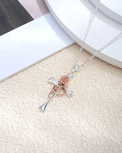 ميسوفور قلادة كروس فضية مئوية للنساء ، قلادة قلادة صليب مملوءة بالفضة مع زهرة الولادة الذهب الوردية | هدايا المجوهرات للزوجة المراهقة النساء in Kuwait