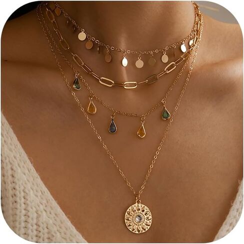 Layered Round Pendant Necklace Gold Plated Dainty Multilayer Choker Layering for Women Necklaces Stylish Minimalist Pendants Simple Chain Stacked Necklace Jewelry Gifts in Kuwait