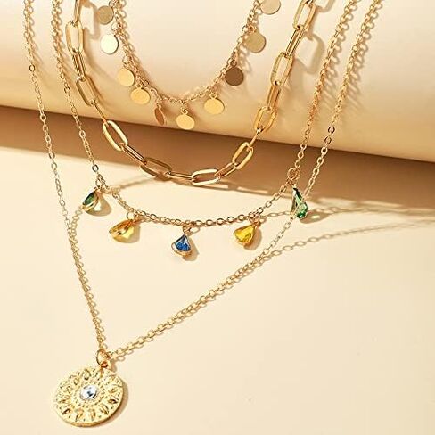Layered Round Pendant Necklace Gold Plated Dainty Multilayer Choker Layering for Women Necklaces Stylish Minimalist Pendants Simple Chain Stacked Necklace Jewelry Gifts in Kuwait