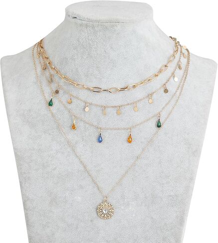 Layered Round Pendant Necklace Gold Plated Dainty Multilayer Choker Layering for Women Necklaces Stylish Minimalist Pendants Simple Chain Stacked Necklace Jewelry Gifts in Kuwait