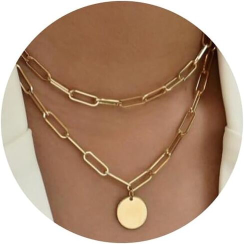 Layered Round Pendant Necklace Gold Plated Dainty Multilayer Choker Layering for Women Necklaces Stylish Minimalist Pendants Simple Chain Stacked Necklace Jewelry Gifts in Kuwait