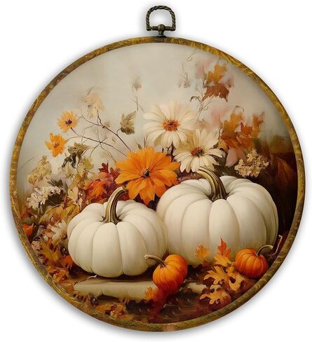 CUANFDDSF Fall Floral White Pumpkin Round Wall Art, Farmhouse Harvest Autumn Pumpkin Framed Hanging Wall Decor, Rustic Fall Canvas Prints Decorations for Kitchen Dining Room Bedroom, 10x10 Inch in Saudi Arabia