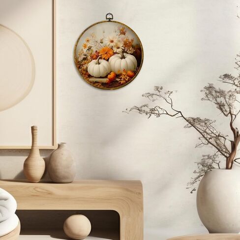 CUANFDDSF Fall Floral White Pumpkin Round Wall Art, Farmhouse Harvest Autumn Pumpkin Framed Hanging Wall Decor, Rustic Fall Canvas Prints Decorations for Kitchen Dining Room Bedroom, 10x10 Inch in Saudi Arabia