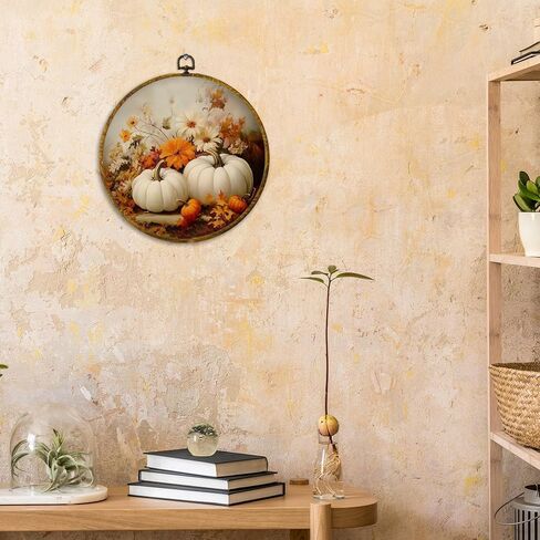 CUANFDDSF Fall Floral White Pumpkin Round Wall Art, Farmhouse Harvest Autumn Pumpkin Framed Hanging Wall Decor, Rustic Fall Canvas Prints Decorations for Kitchen Dining Room Bedroom, 10x10 Inch in Saudi Arabia
