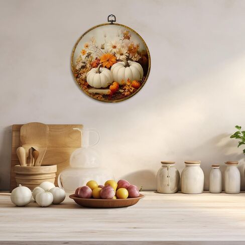 CUANFDDSF Fall Floral White Pumpkin Round Wall Art, Farmhouse Harvest Autumn Pumpkin Framed Hanging Wall Decor, Rustic Fall Canvas Prints Decorations for Kitchen Dining Room Bedroom, 10x10 Inch in Saudi Arabia