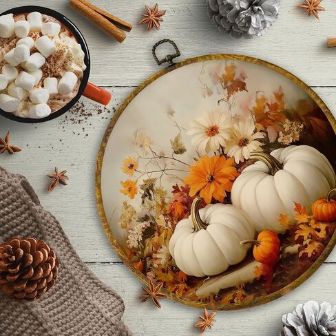 CUANFDDSF Fall Floral White Pumpkin Round Wall Art, Farmhouse Harvest Autumn Pumpkin Framed Hanging Wall Decor, Rustic Fall Canvas Prints Decorations for Kitchen Dining Room Bedroom, 10x10 Inch in Saudi Arabia