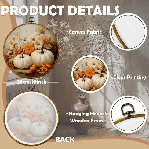CUANFDDSF Fall Floral White Pumpkin Round Wall Art, Farmhouse Harvest Autumn Pumpkin Framed Hanging Wall Decor, Rustic Fall Canvas Prints Decorations for Kitchen Dining Room Bedroom, 10x10 Inch in Saudi Arabia