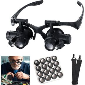 Head Mount Magnifying Glass with LED Light, Jewelers Loupe Magnifier with 8 Interchangeable Lens 2.5X/4X/6X/8X/10X/15X/ 20X/25X for Close Work/Electronics/Eyelash/Crafts/Jewelry/Repair in Saudi Arabia