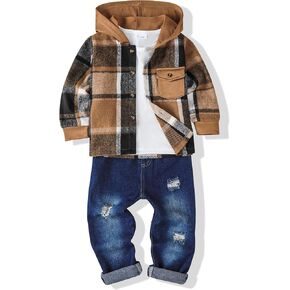 RENOTEMY 3PCS TODDLER BOY COLLESS WINTER Fall Fall Fallfits Flannel Plaid Hoodie Sweatshirt Thirt T-Shirt Seles Leans for 2-7y Boys in Kuwait