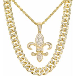 Techno Pave Men's 12mm Iced Out Cuban and Pendant Necklace Set - 24-Inch Chain, Hip-Hop Streetwear Jewelry in Saudi Arabia