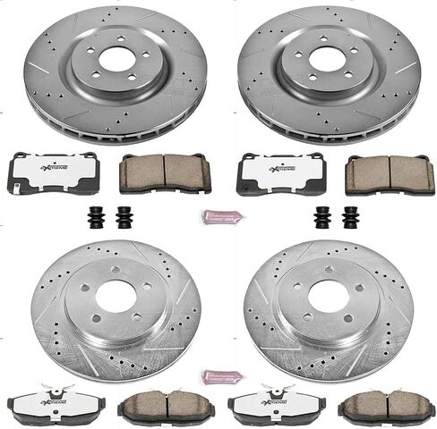 Power Stop K4042-26 منصات الفرامل الأمامية والخلفية Z26 من ألياف الكربون مع مجموعة دوارات الفرامل المحفورة والمنزعة لفورد موستانج 2007-2011 [نموذج محدد] in Saudi Arabia