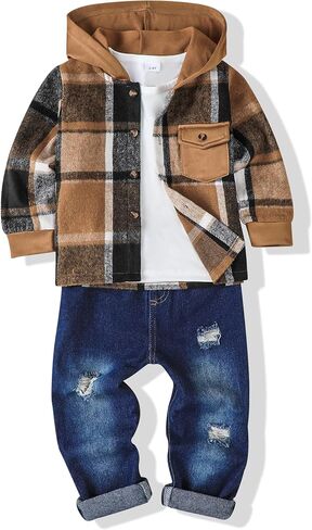 RENOTEMY 3PCS TODDLER BOY COLLESS WINTER Fall Fall Fallfits Flannel Plaid Hoodie Sweatshirt Thirt T-Shirt Seles Leans for 2-7y Boys in Saudi Arabia