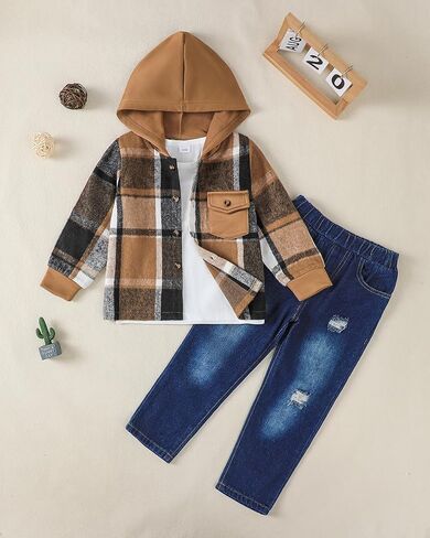 RENOTEMY 3PCS TODDLER BOY COLLESS WINTER Fall Fall Fallfits Flannel Plaid Hoodie Sweatshirt Thirt T-Shirt Seles Leans for 2-7y Boys in Saudi Arabia
