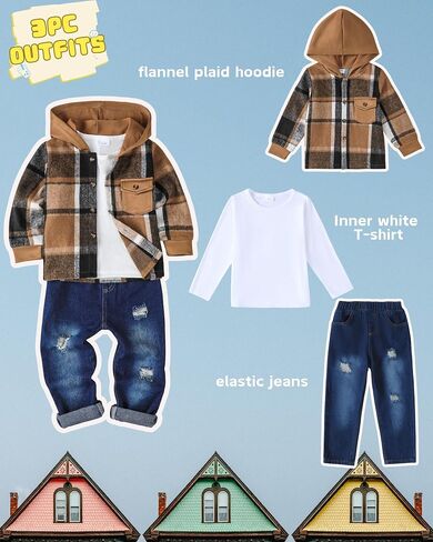 RENOTEMY 3PCS TODDLER BOY COLLESS WINTER Fall Fall Fallfits Flannel Plaid Hoodie Sweatshirt Thirt T-Shirt Seles Leans for 2-7y Boys in Saudi Arabia