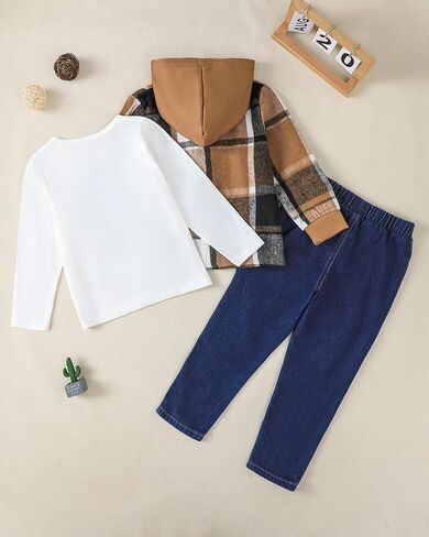 RENOTEMY 3PCS TODDLER BOY COLLESS WINTER Fall Fall Fallfits Flannel Plaid Hoodie Sweatshirt Thirt T-Shirt Seles Leans for 2-7y Boys in Saudi Arabia