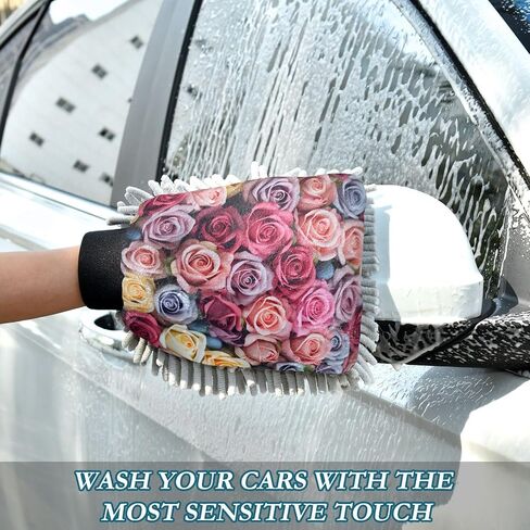 Absorbent Microfiber Car Wash Drying Mitts, 2 Pack, Scratch-Free & Lint-Free, Rich Foam, Highly Absorbent, Double Sided, Wash Mitt Perfect for Car Washing, M, Flowers Roses in Saudi Arabia