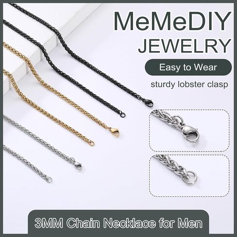 MeMeDIY 3 Pcs Chain Necklace for Men 3mm-6mm Stainless Steel Chains Gold Chain for Men Black Silver Wheat Chains 18"/20"/22"/24"/26"/28"/30 Inches in Saudi Arabia